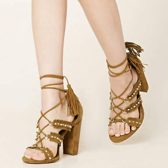 Faux Suede Fringed Chunky Heels - Picture 1 of 7